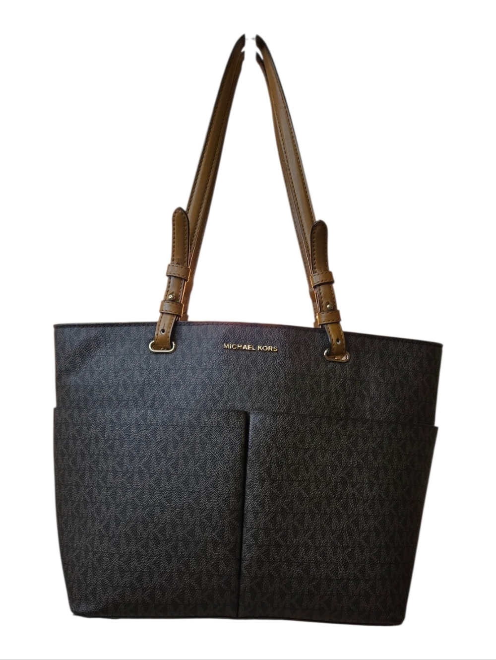 Michael Kors Dark Brown Logo Tote BAG with Tan Straps Bedford Medium